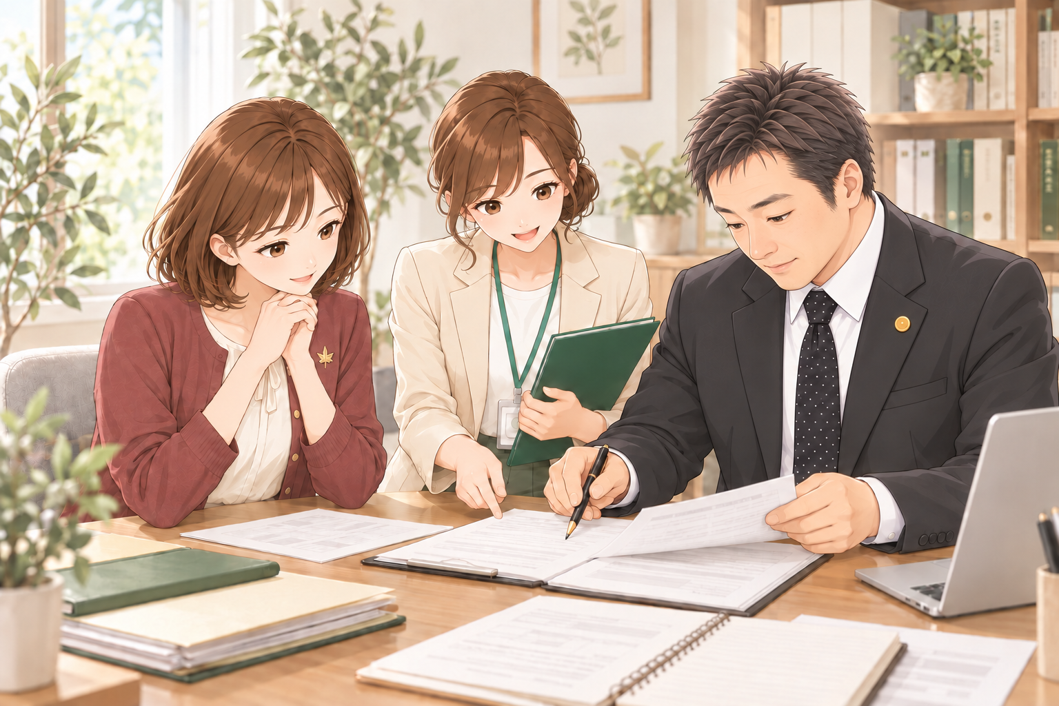 個人で申請する紅葉ちゃんの書類を、行政書士の先生とオリーブちゃんが一緒に確認する場面