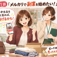 家の不用品が売れて喜ぶ紅葉ちゃんと、隣で話を聞くオリーブちゃん。紅葉ちゃんは中古品を仕入れて売る副業を思いつきます。
