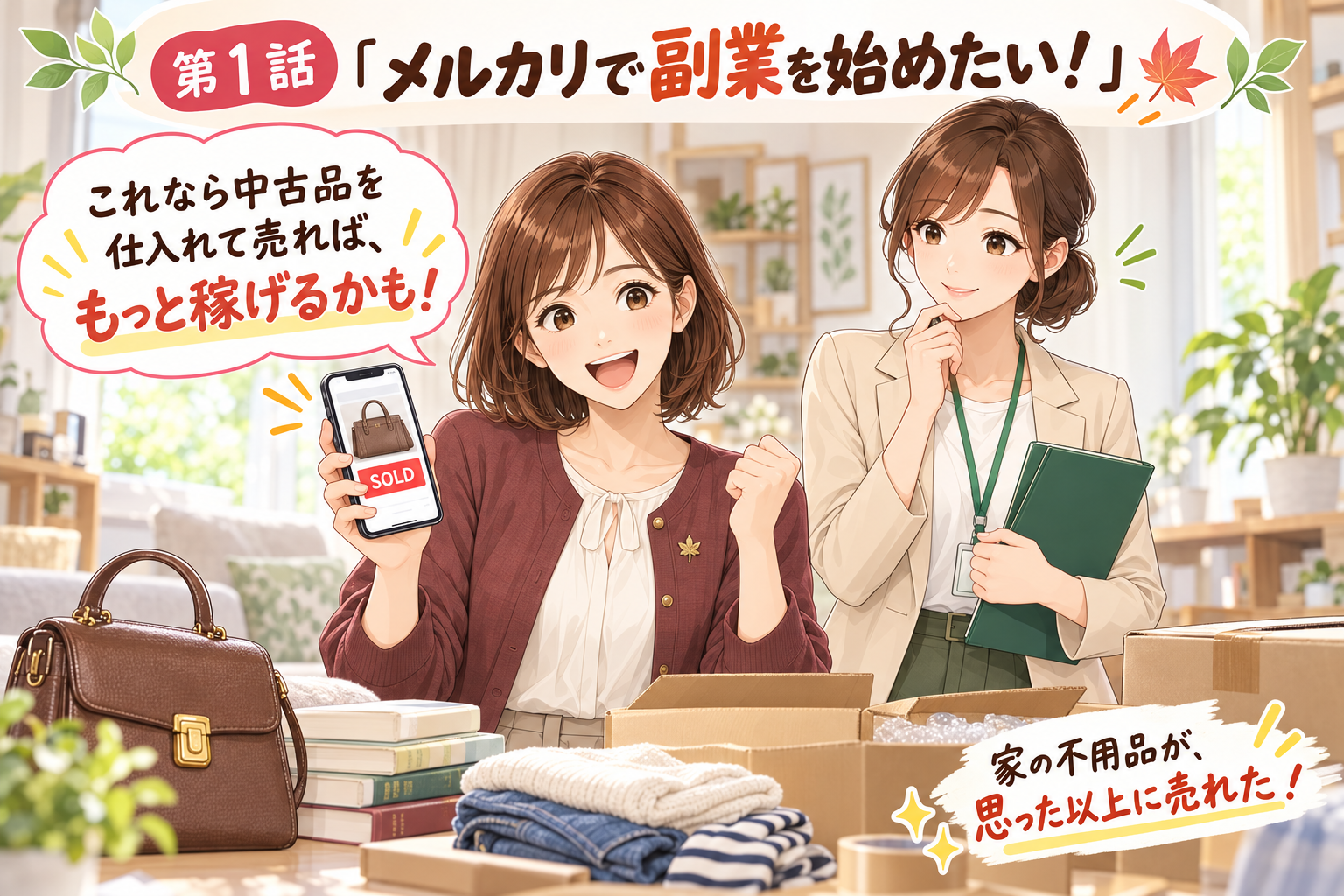 不用品が売れて喜ぶ紅葉ちゃんと、話を聞くオリーブちゃん
