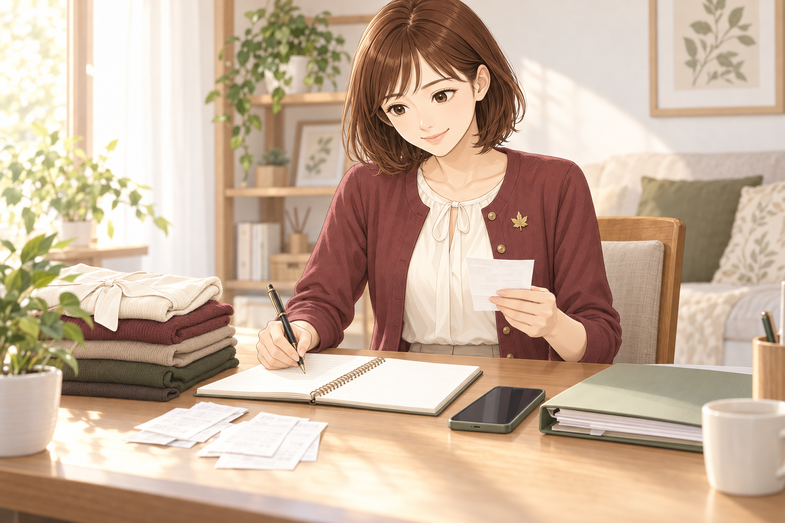 洋服や購入時のレシートを机に並べ、相談に向けてノートに整理する紅葉ちゃん