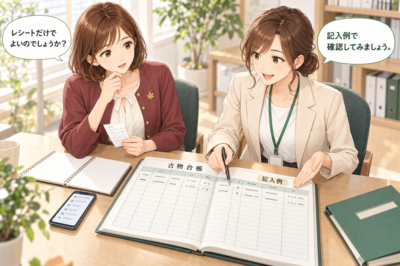 許可取得後に備え、レシートを手に古物台帳の記入例を学ぶ紅葉ちゃんとオリーブちゃん
