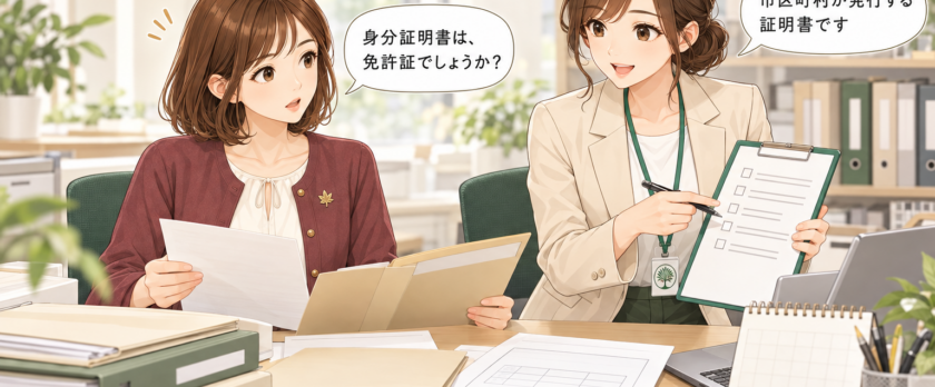 身分証明書の意味を尋ねる紅葉ちゃんと、市区町村の証明書について案内するオリーブちゃん