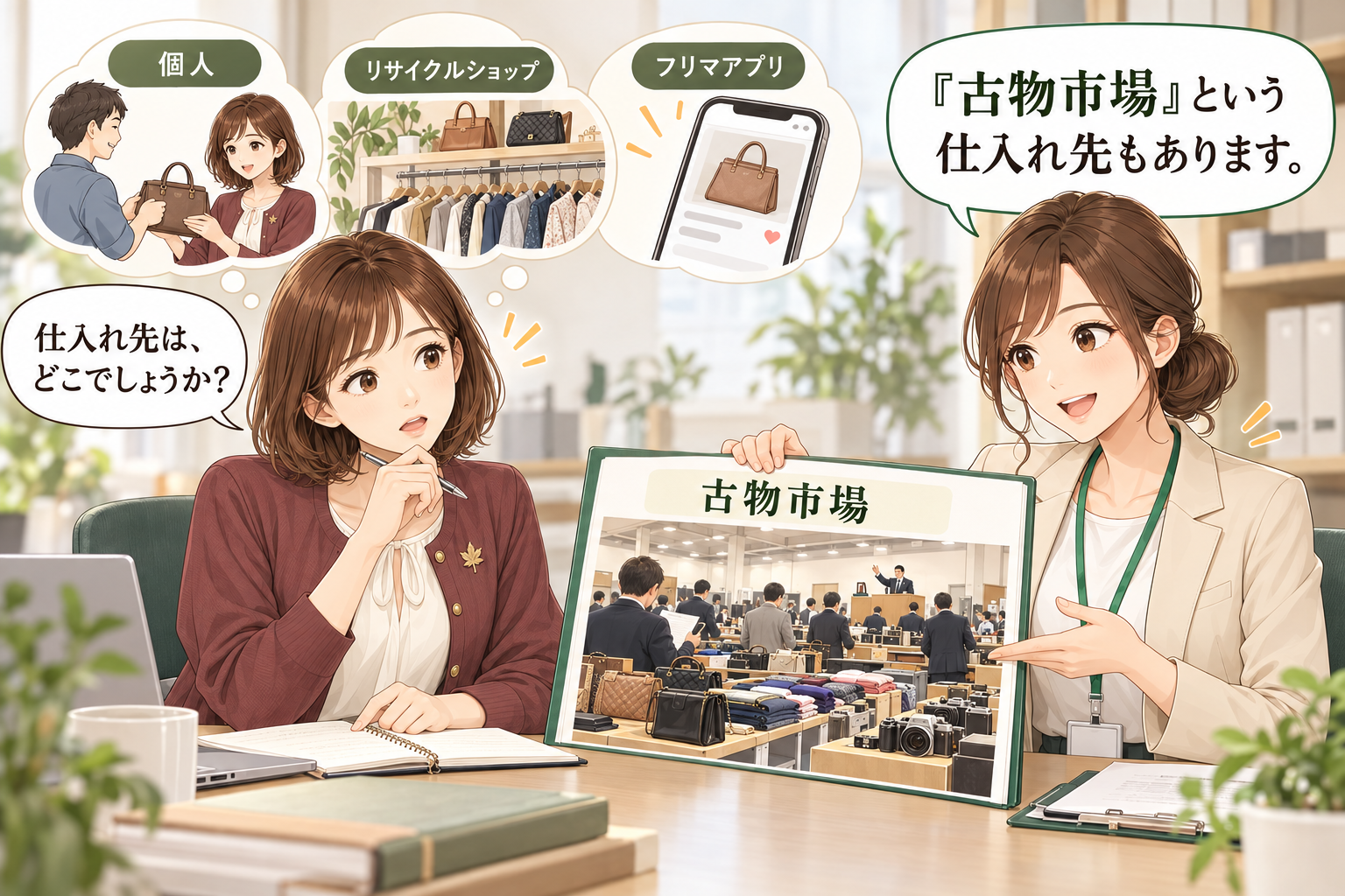 仕入れ先を考える紅葉ちゃんに、オリーブちゃんが古物市場の資料を示して説明する場面