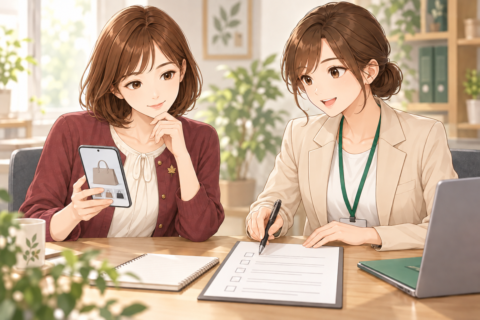 スマートフォンの商品画面を手にする紅葉ちゃんと、仕入れ前の確認項目を資料で案内するオリーブちゃん