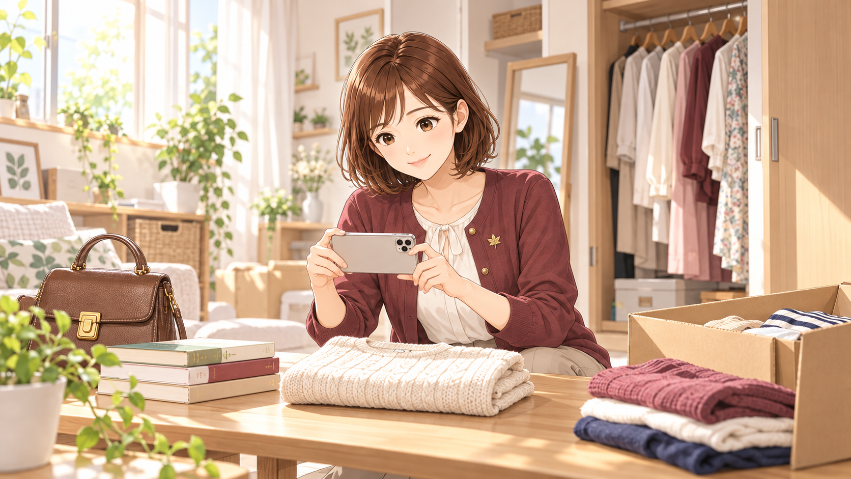 自宅のクローゼットを整理し、自分で使っていた洋服や本を出品するために写真を撮る紅葉ちゃん