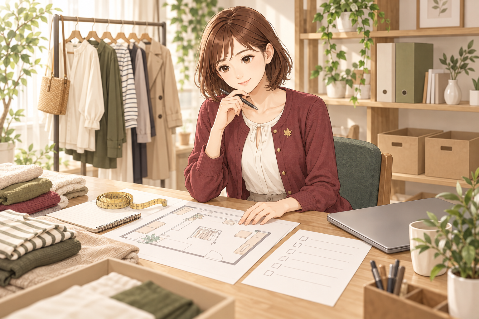 営業所の候補となる自宅で、間取りと保管場所を検討する紅葉ちゃん