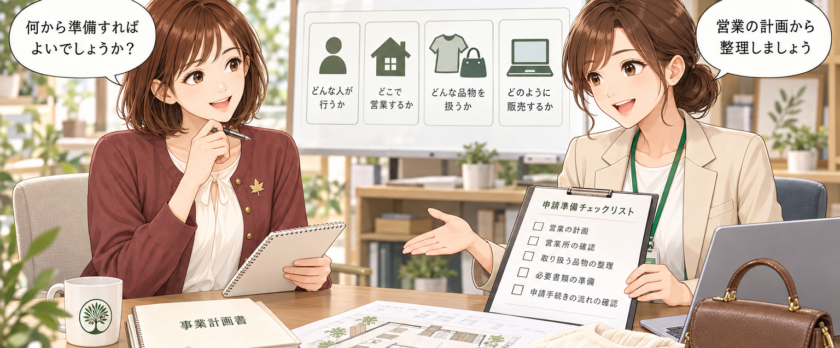 営業計画をノートにまとめる紅葉ちゃんに、申請準備の確認事項を案内するオリーブちゃん