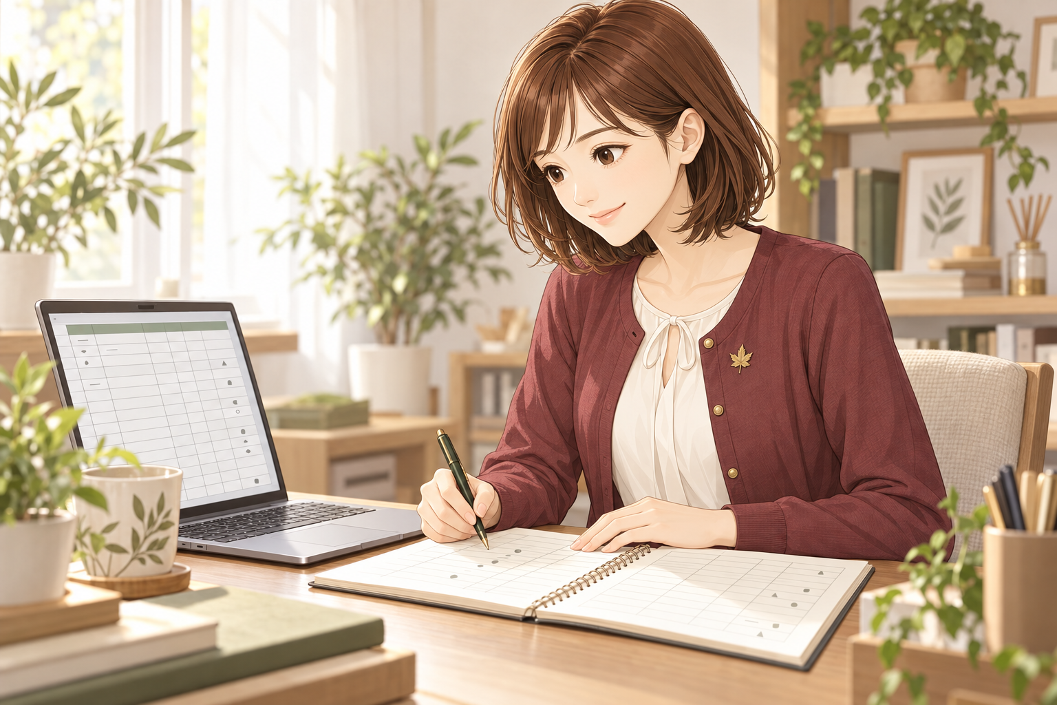 許可取得後に備え、架空の記入例を紙とパソコンで確認しながら練習する紅葉ちゃん