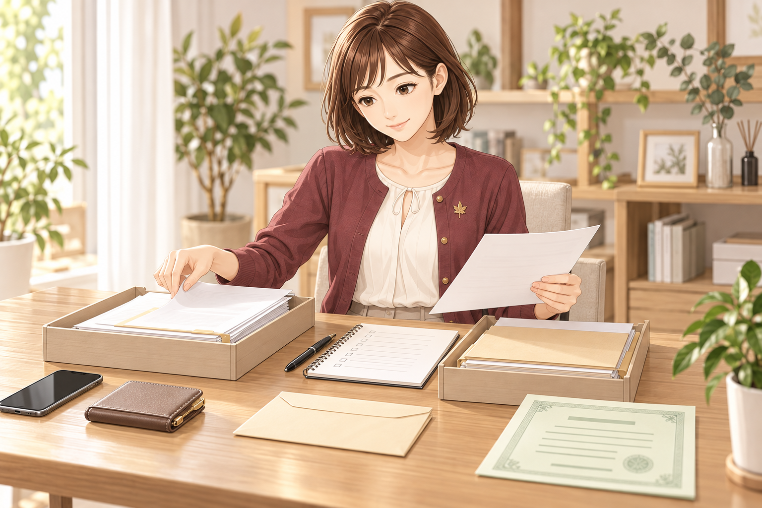 必要な証明書と作成する書類を机の上で整理する紅葉ちゃん