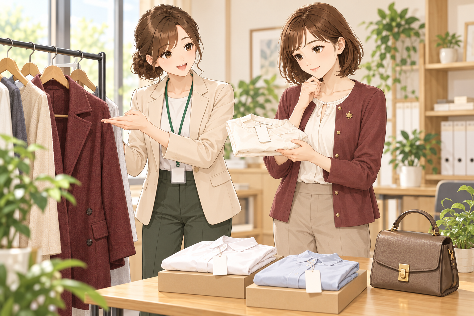新品のブラウスと中古のコートを前に、仕入れ先や流通経路の違いを相談する紅葉ちゃんとオリーブちゃん
