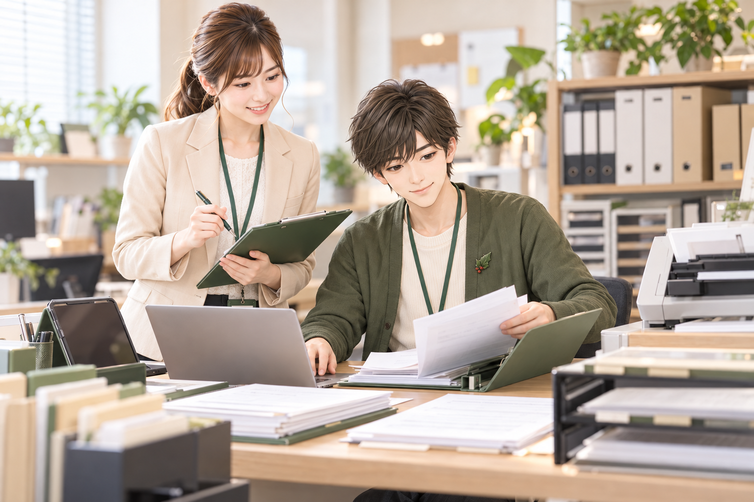 必要書類を整理して申請書を作成する様子