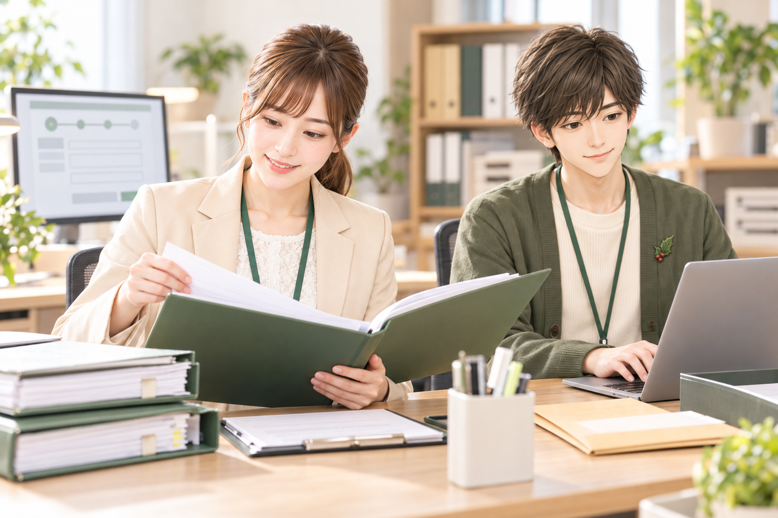 官公署への申請に向けて書類を最終確認する様子