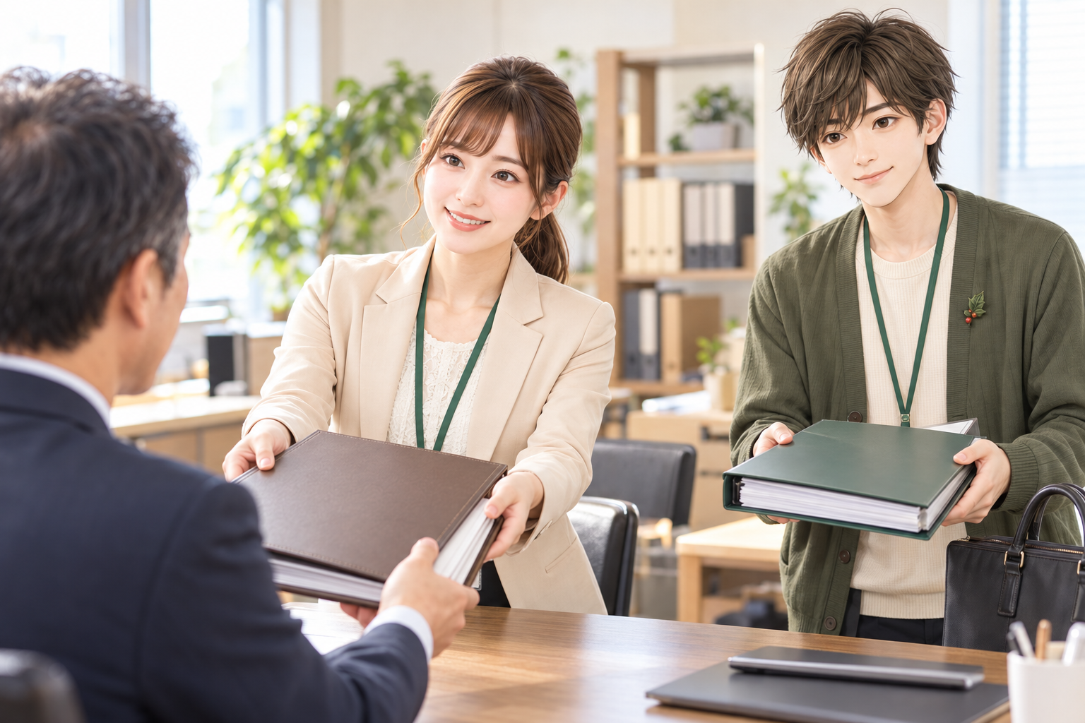 許可や登録の完了後に書類をお返しする様子